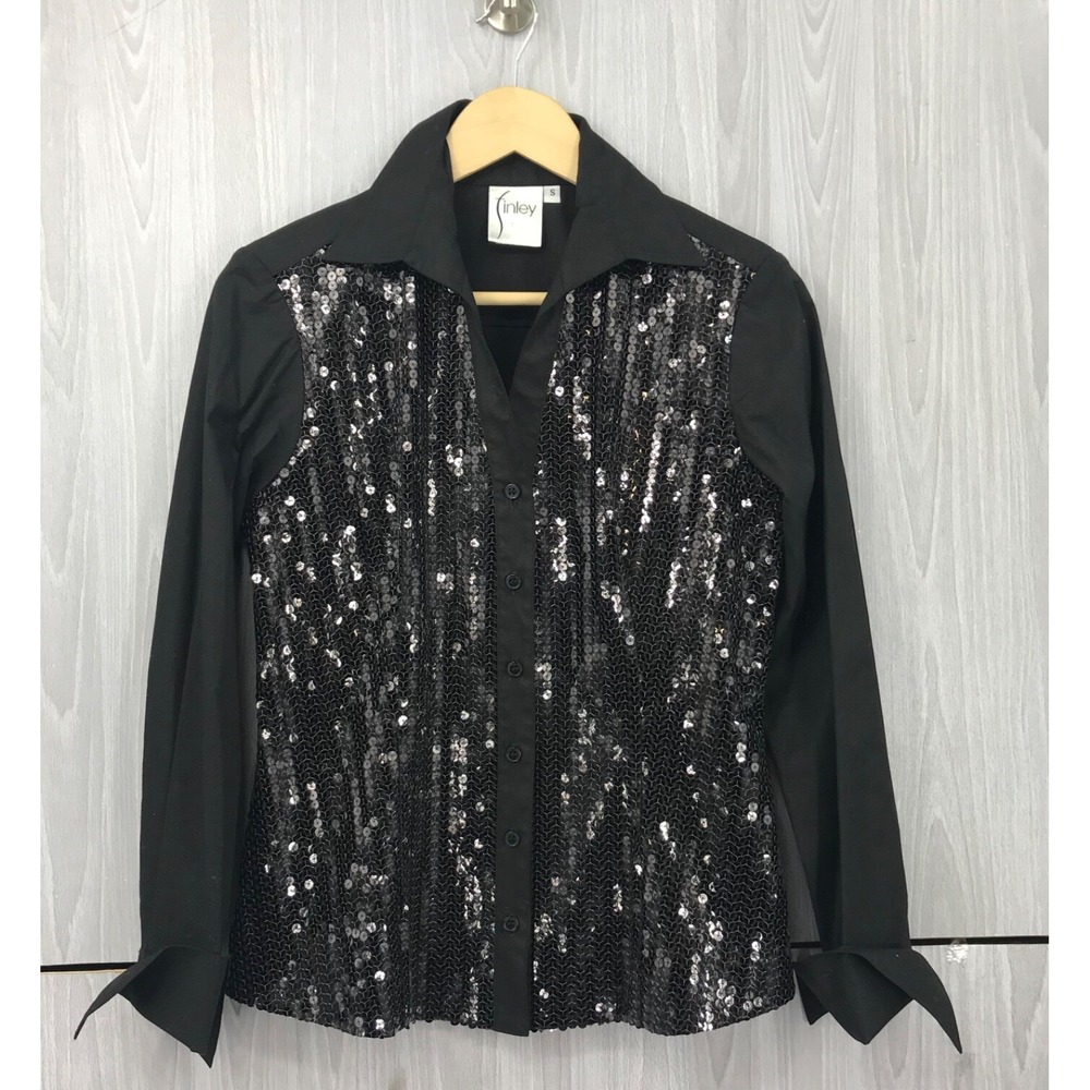 Finley Sequin Tux Shirt Womens‎ Small Black Button Down Long Sleeve Top 942090